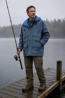 VTG Y2K Mens Insulated PVC Fishing Rain Jacket Hooded Utility Large